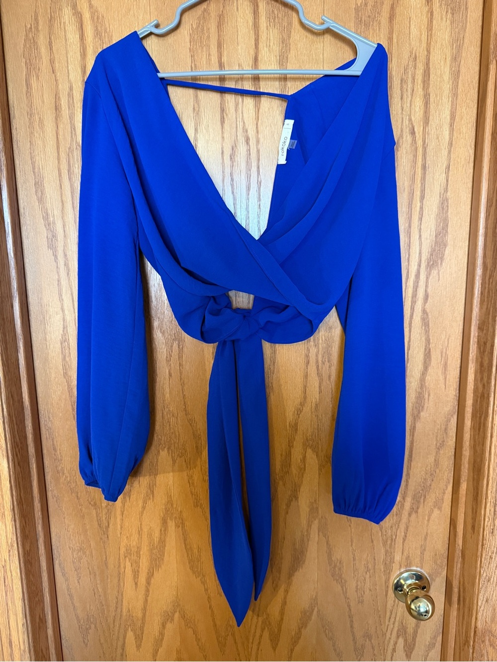 Tie-Front Royal Blue Wrap Blouse
